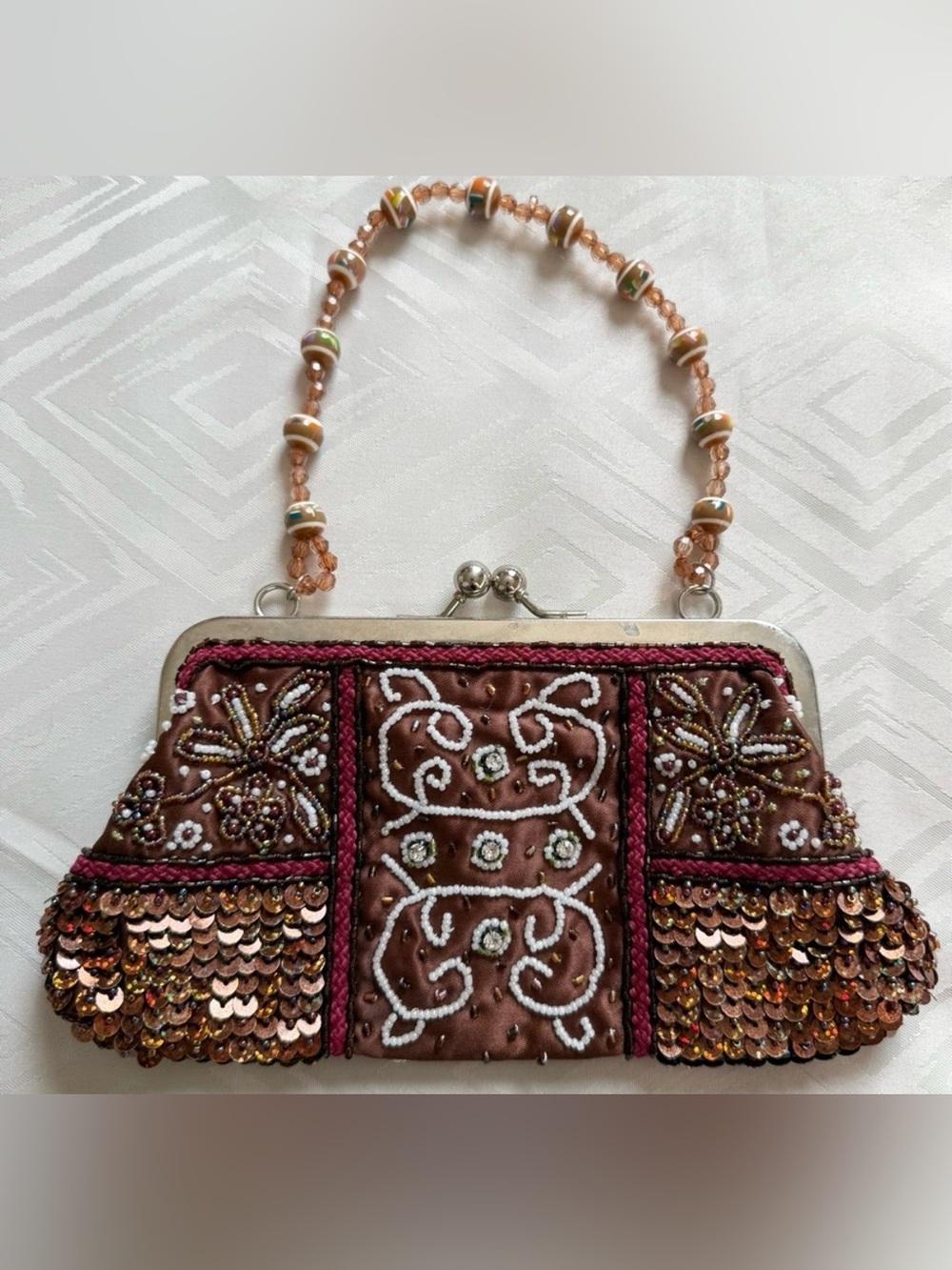 Embellished Purse Kiss Lock Evening Brown Clutch with Beaded Handle Seed Bead